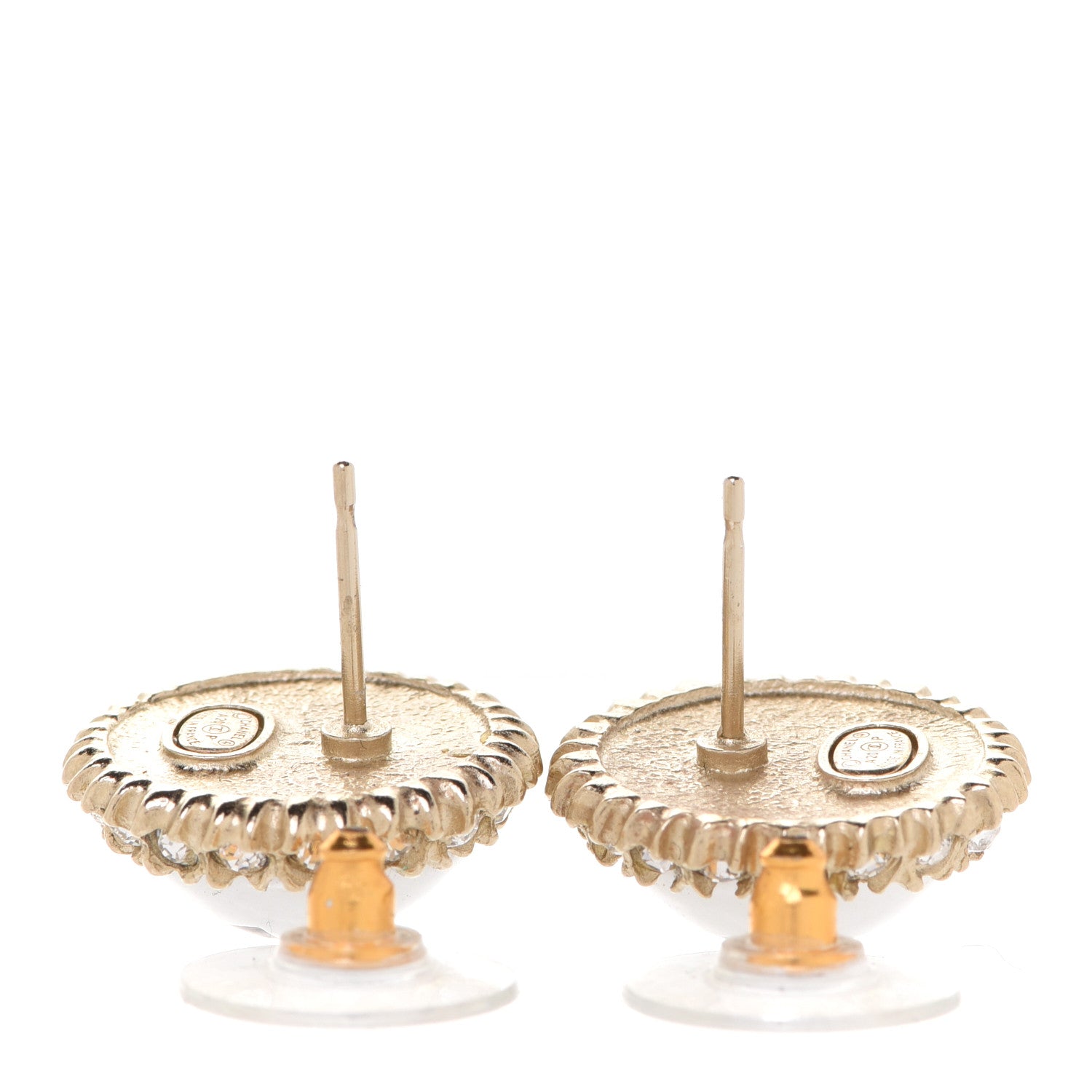 Chanel Crystal Pearl CC Round Earrings Gold Pearly White Black 3 of 5