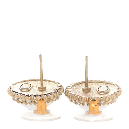 Chanel Crystal Pearl CC Round Earrings Gold Pearly White Black 3 of 5