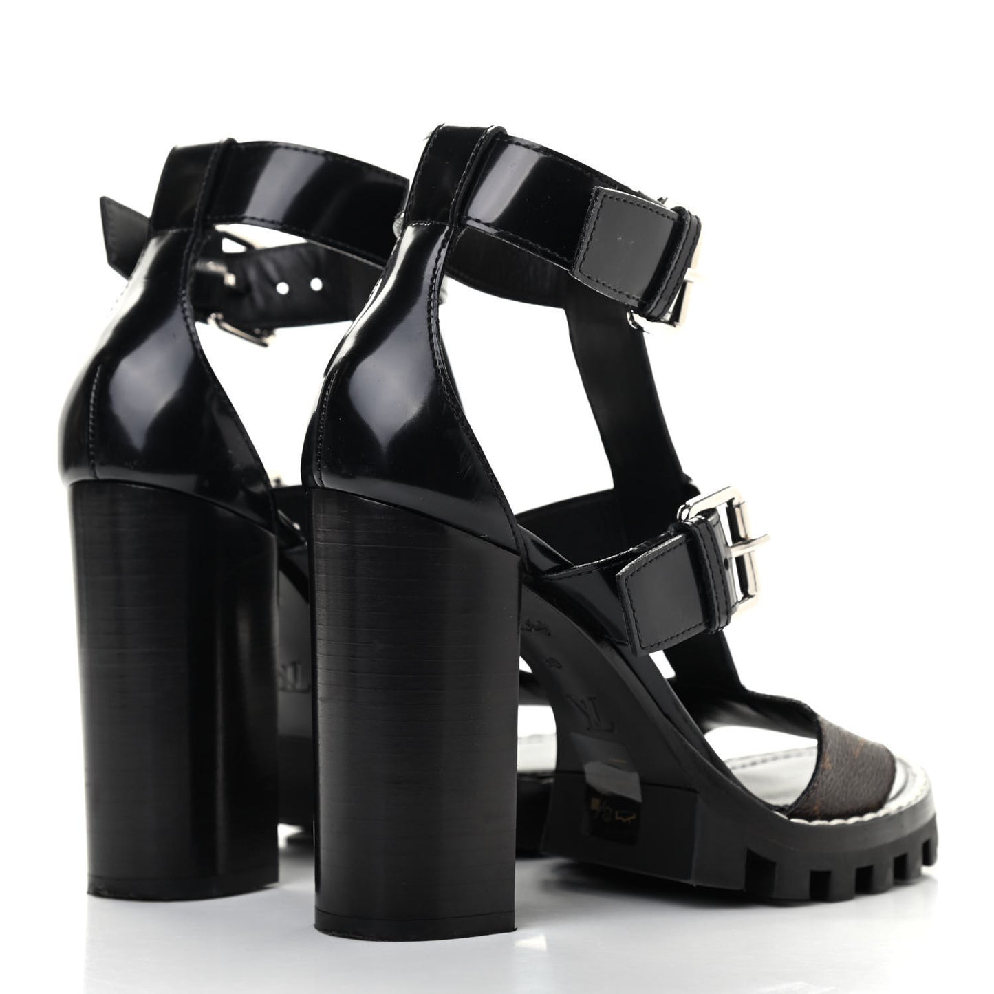 Patent Calfskin Monogram Star Trail Sandal 38 Black