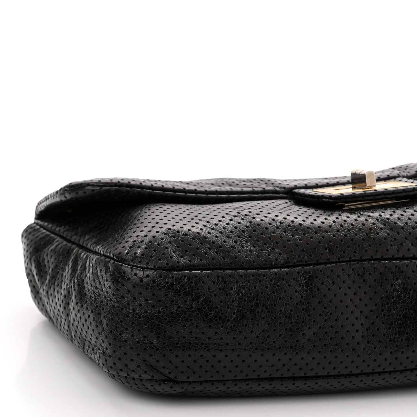 Metallic Crackled Calfskin Large Perforated Drill Flap Black