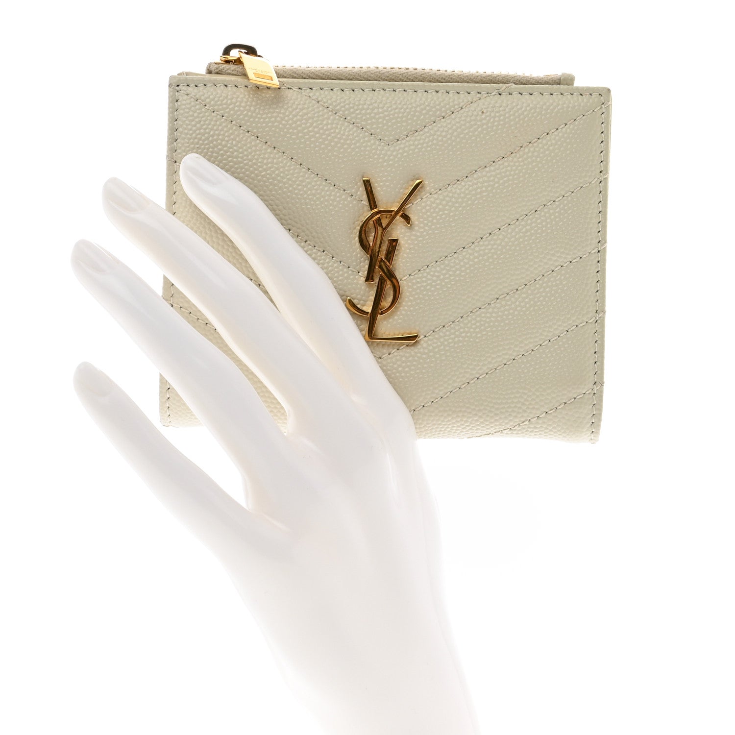 Saint Laurent Grain De Poudre Matelasse Chevron Monogram Zipped Card Case Crema Soft 2 of 7