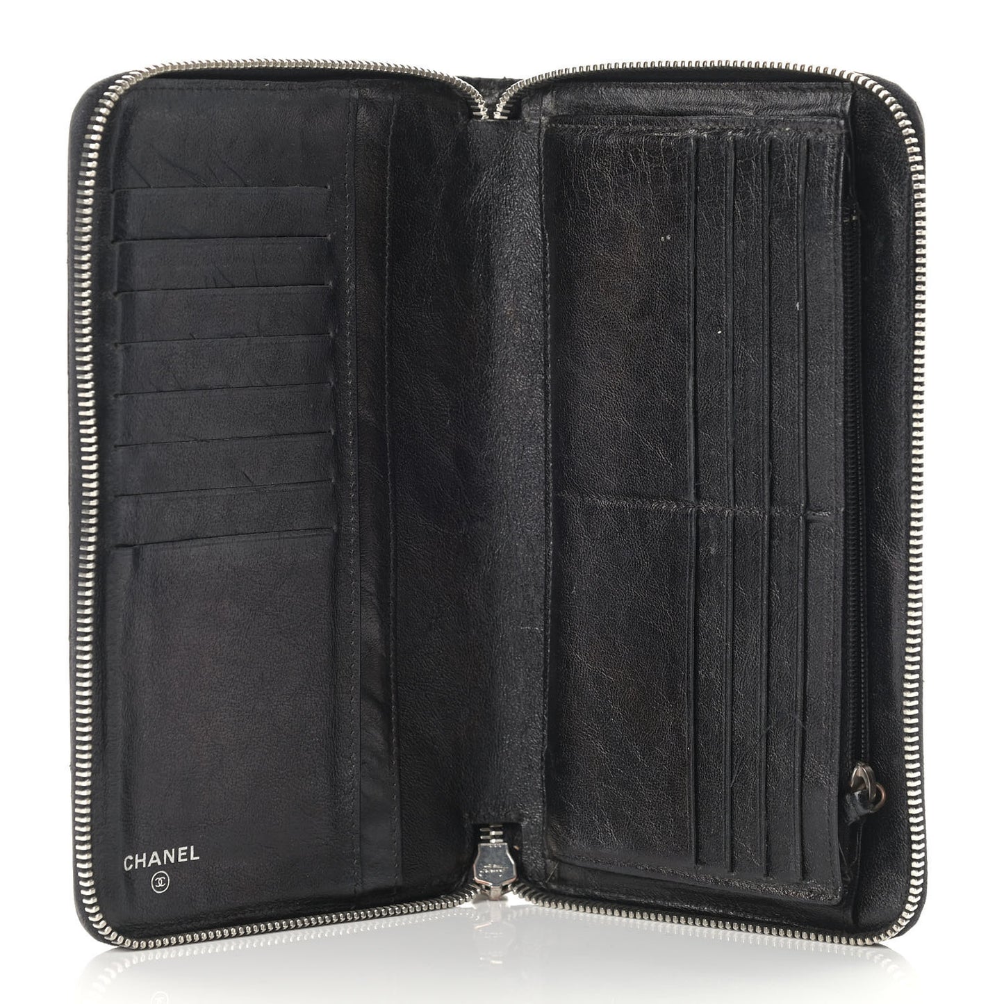 Calfskin Quilted Large Zip Around Organizer Wallet Black