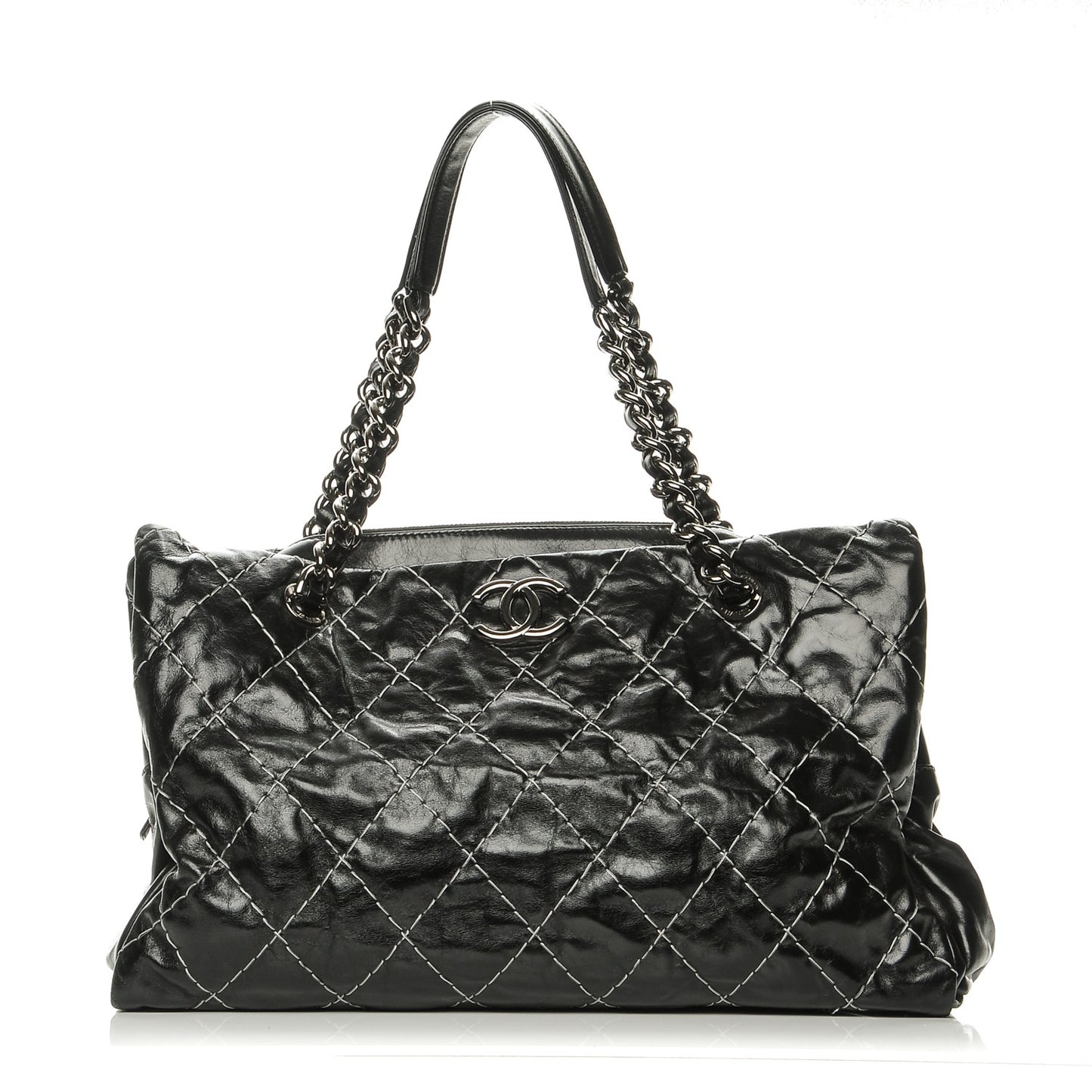 Glazed Goatskin Double Contrast Stitch Large Tote Black