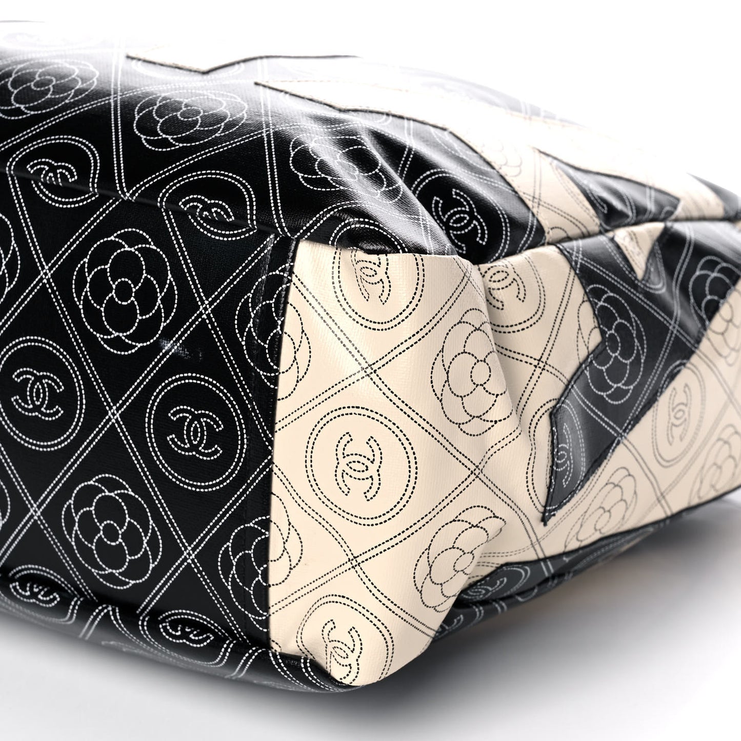 Coated Canvas Camellia Large Shopping Tote Black Beige