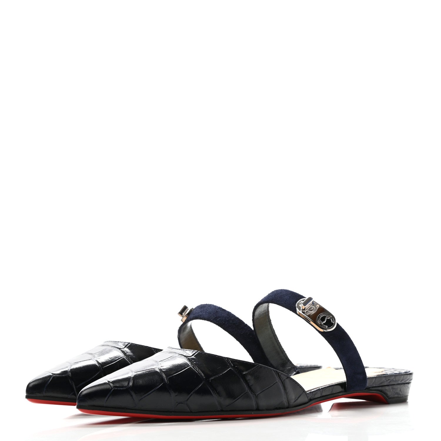 Christian Louboutin Calfskin Crocodile Embossed Choc Lock Flats 36.5 Black 3 of 7