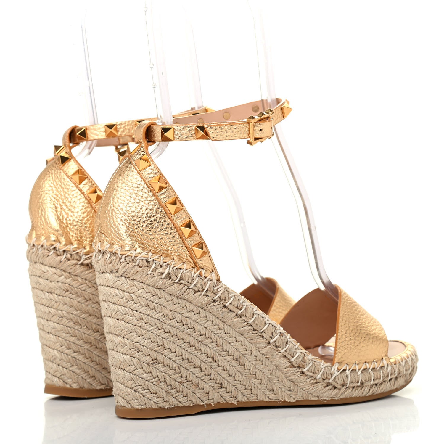 Valentino Garavani Metallic Pebbled Calfskin Rockstud Ankle Strap Espadrille 15/105mm Wedge Sandals 39 Antique Brass Natural 3 of 4