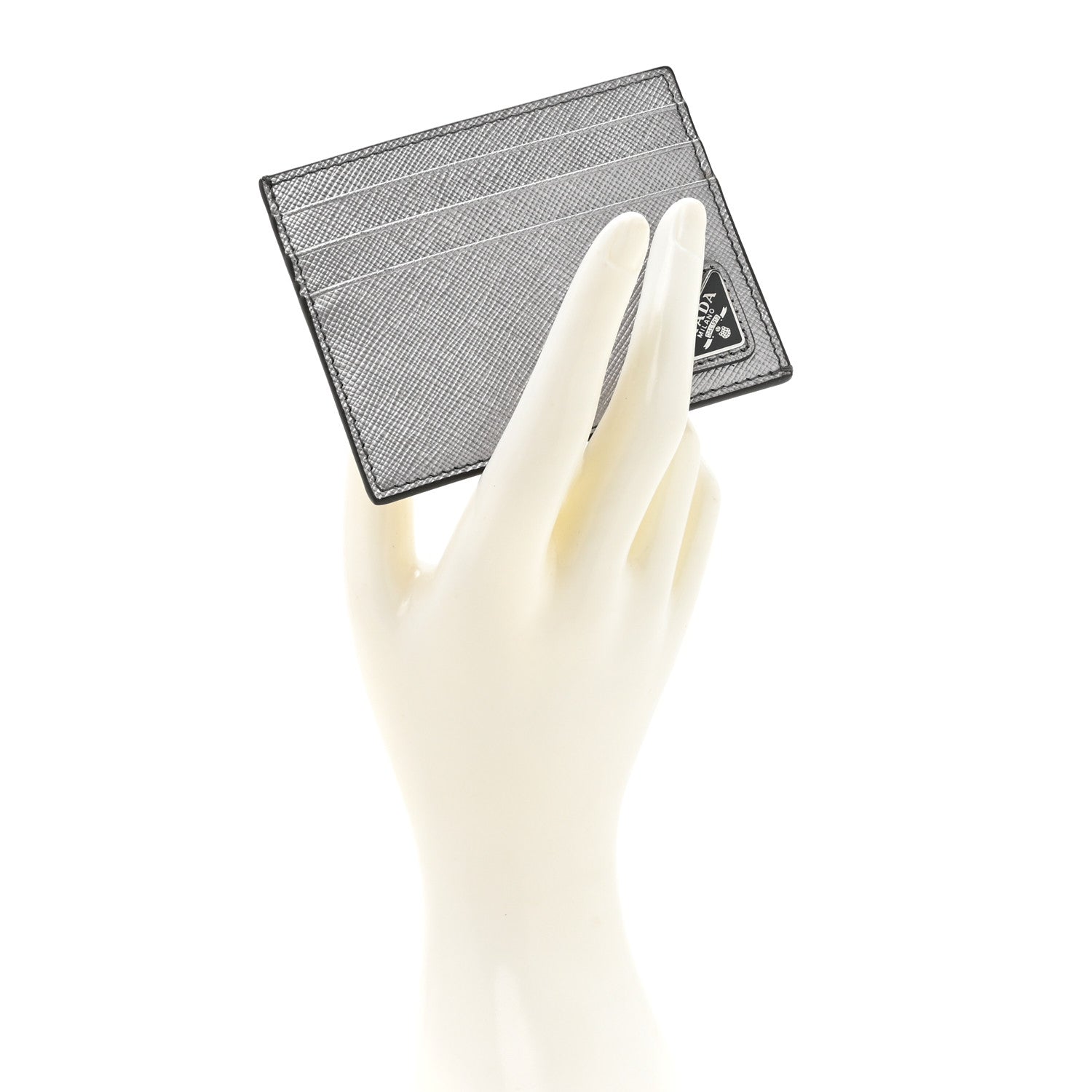 Prada Metallic Saffiano Triangle Card Holder Cromo 2 of 6