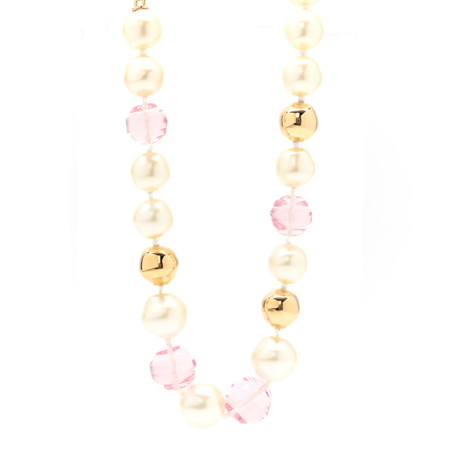 Metal Pearl CC Long Necklace Gold Pearly White Pink