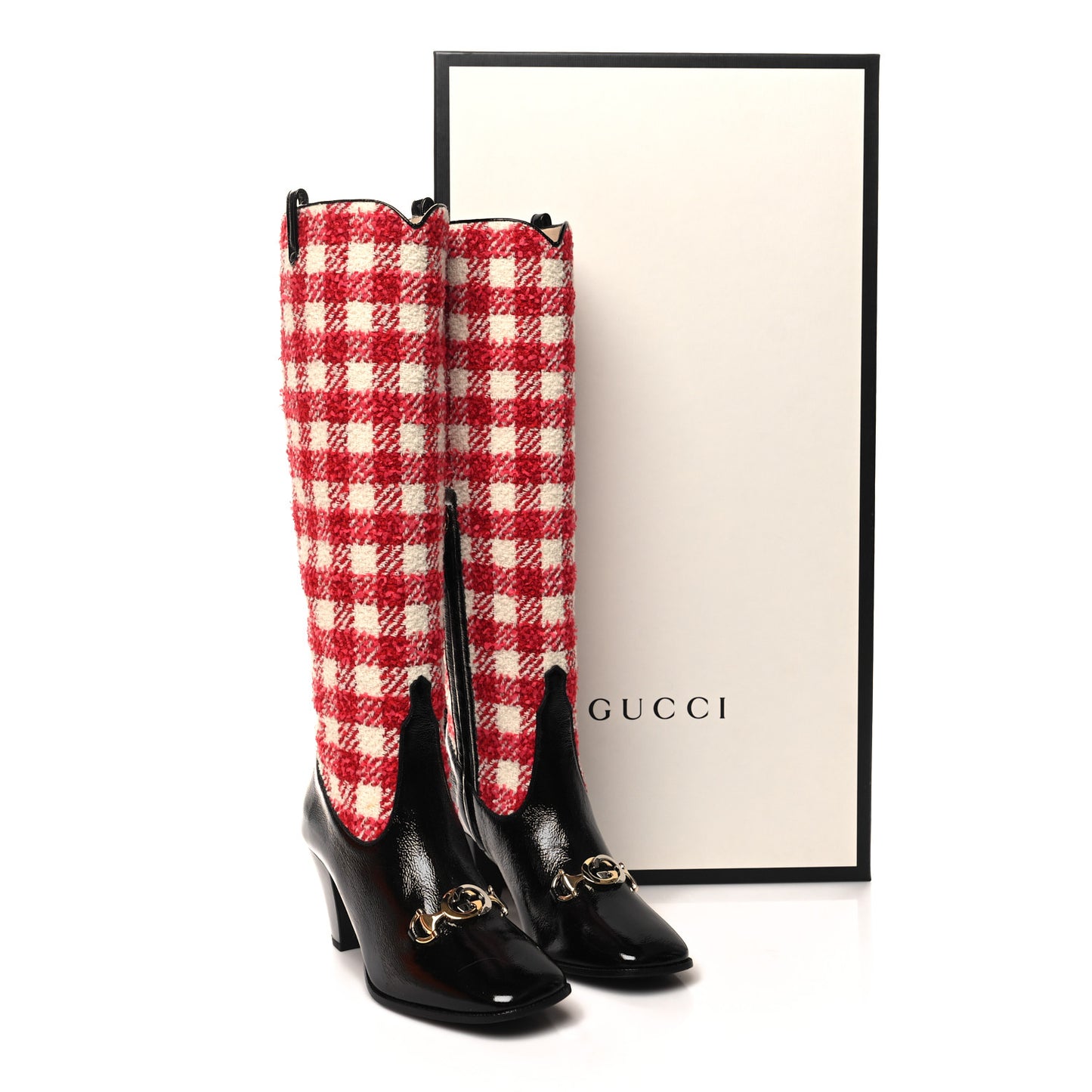 Tweed Naplack Gingham Zumi Knee Boots 37 White Red Black