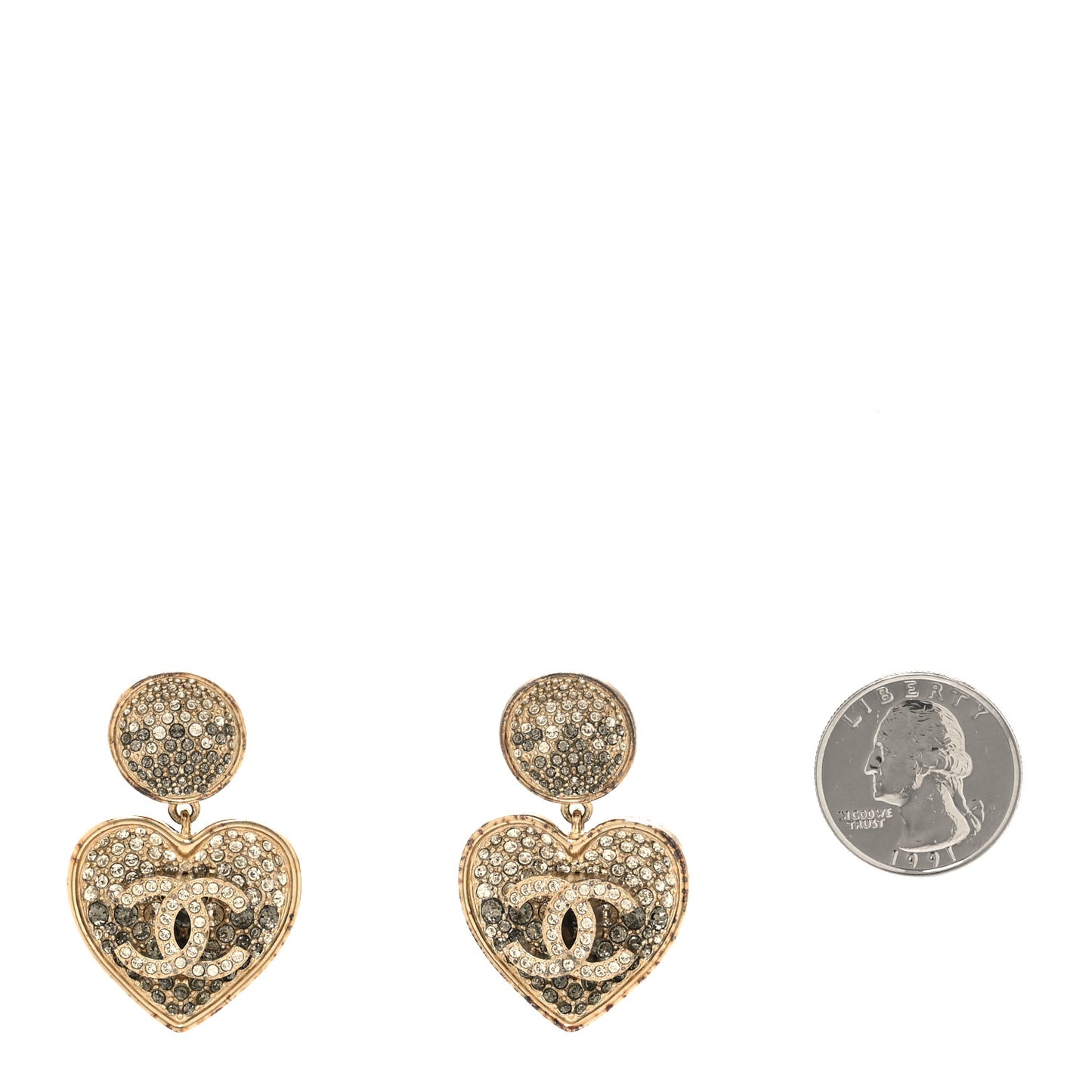 Crystal Heart CC Drop Clip On Earrings Gold