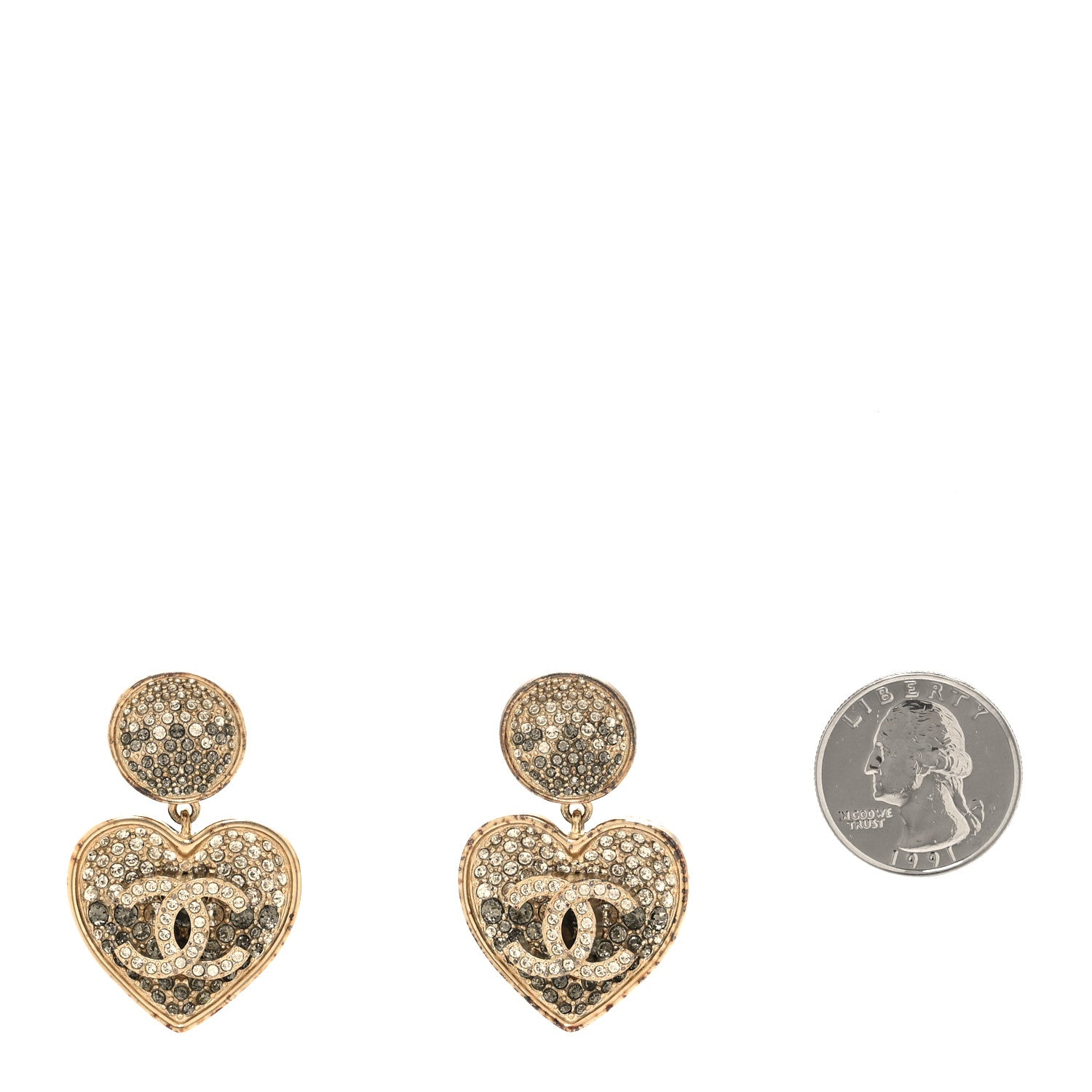 Chanel Crystal Heart CC Drop Clip On Earrings Gold 2 of 6