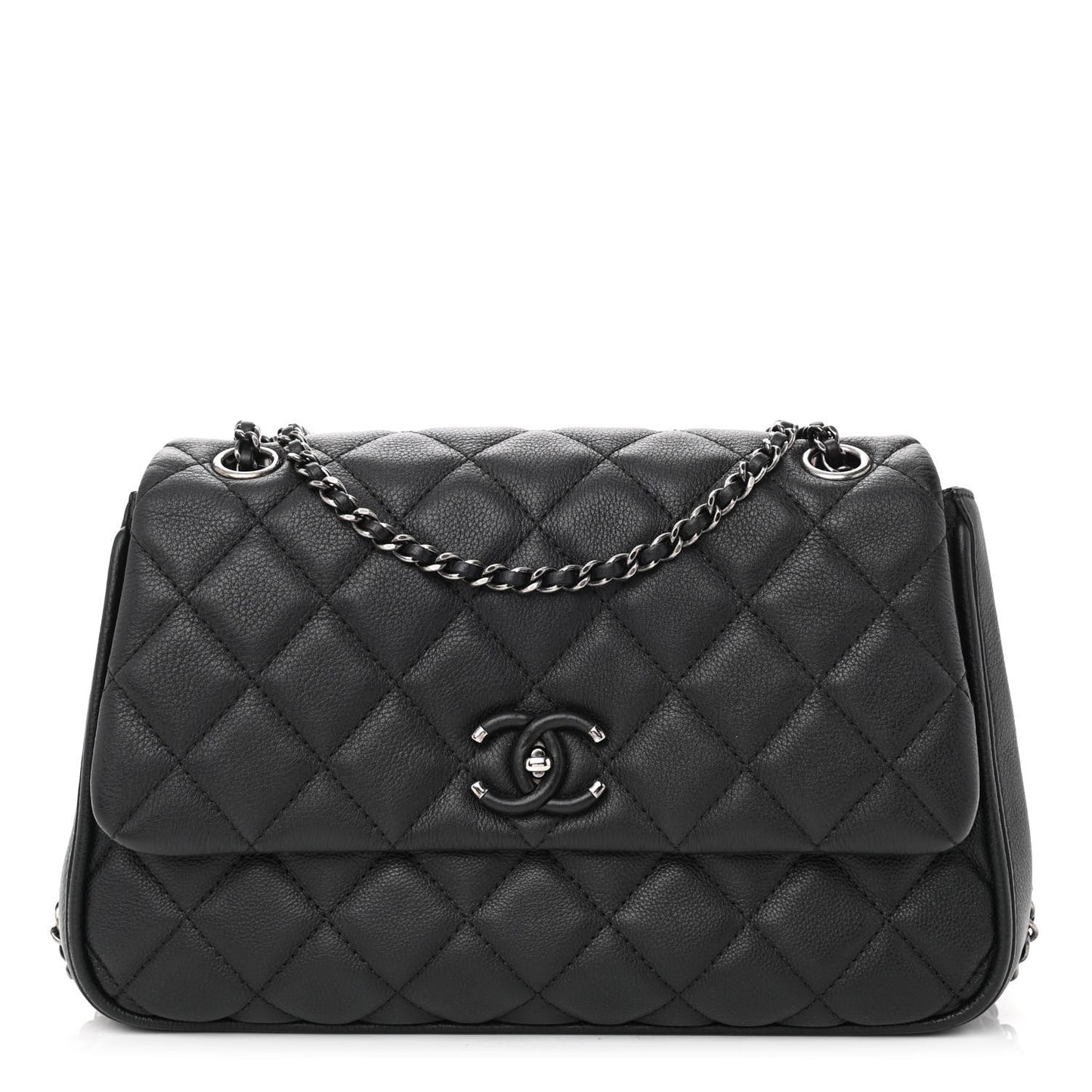 Calfskin Quilted Medium Frame in Chain Flap Black