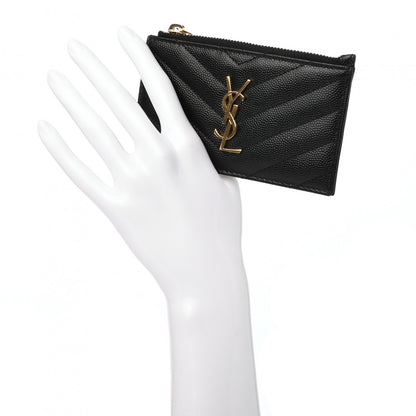 Saint Laurent Grain De Poudre Matelasse Chevron Monogram Fragments Zippered Card Case Black 2 of 7