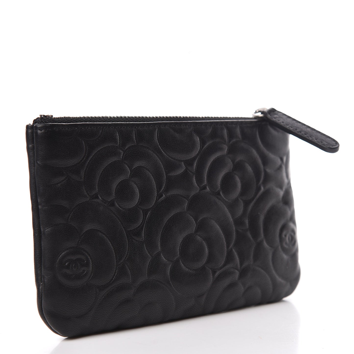 Goatskin Camellia Embossed Cosmetic Pouch Black