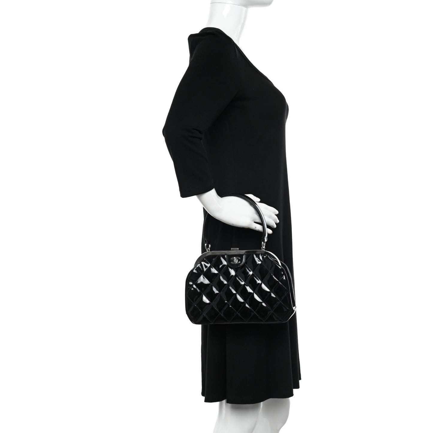Patent Quilted Kisslock Frame Bag Black