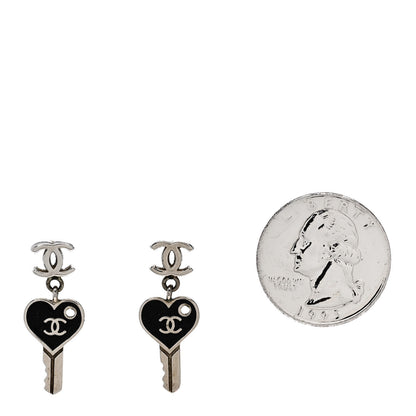 Chanel Enamel Heart Key CC Drop Earrings Black Silver 2 of 4