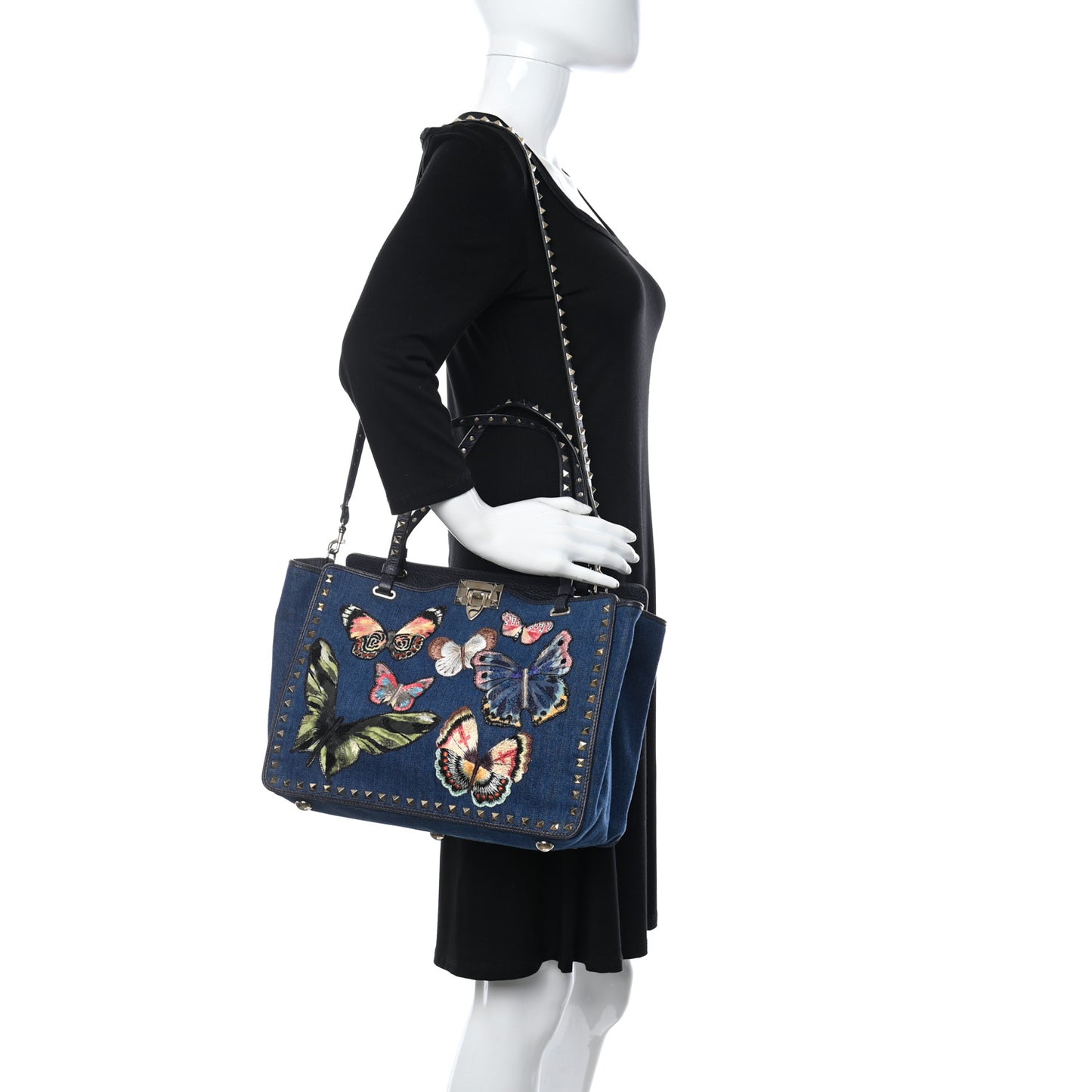 Denim Butterfly Embroidered Medium Rockstud Tote Light Denim Multicolor