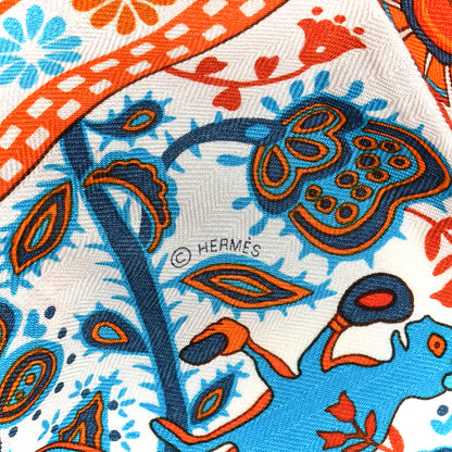 Hermes Cashmere Silk Jardins De Soie Shawl 140 Orange Cobalt Blanc 4 of 6