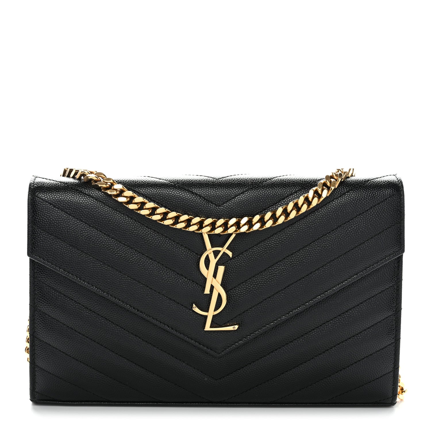 Saint Laurent Grain De Poudre Matelasse Chevron Monogram Chain Wallet Black 1 of 34