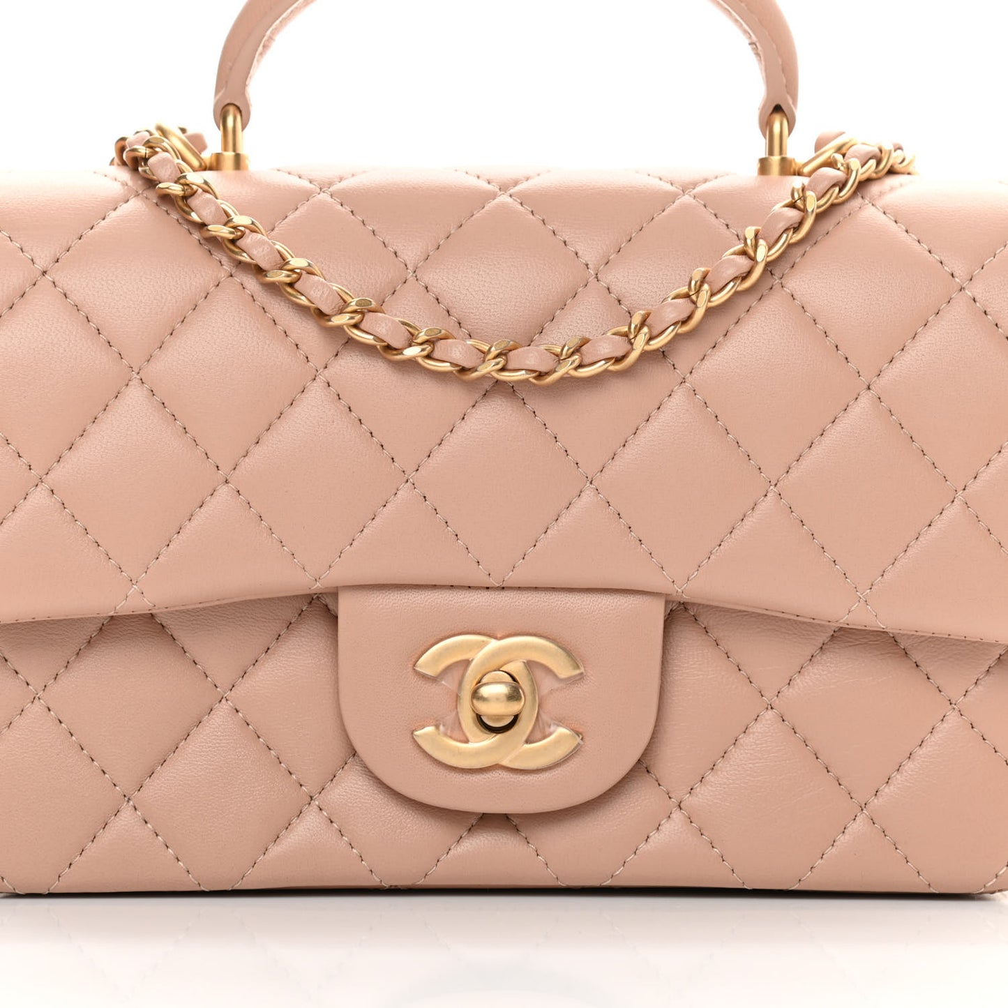 Lambskin Quilted Mini Top Handle Rectangular Flap Beige