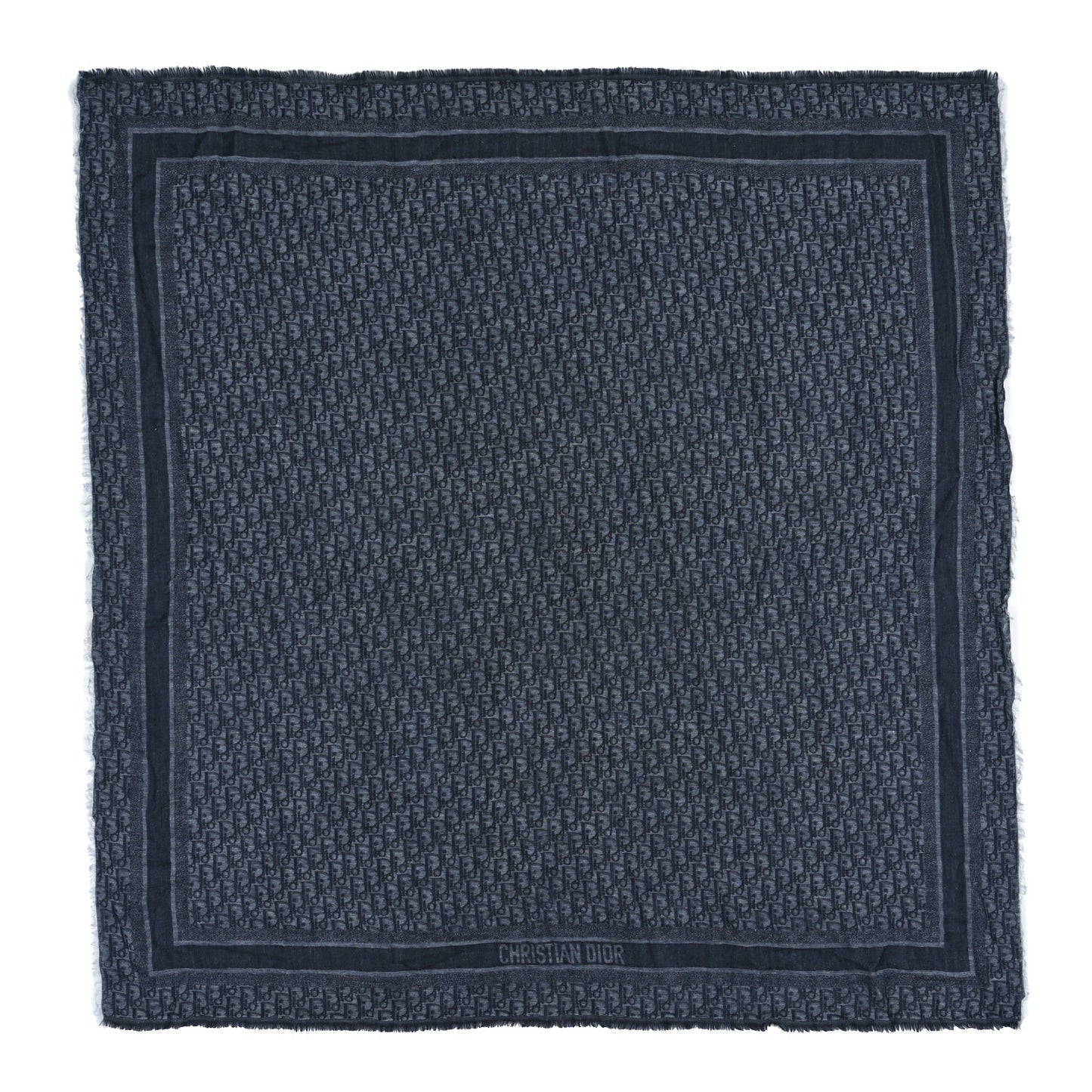 Wool Silk Cotton Oblique Fringe Scarf Navy Blue