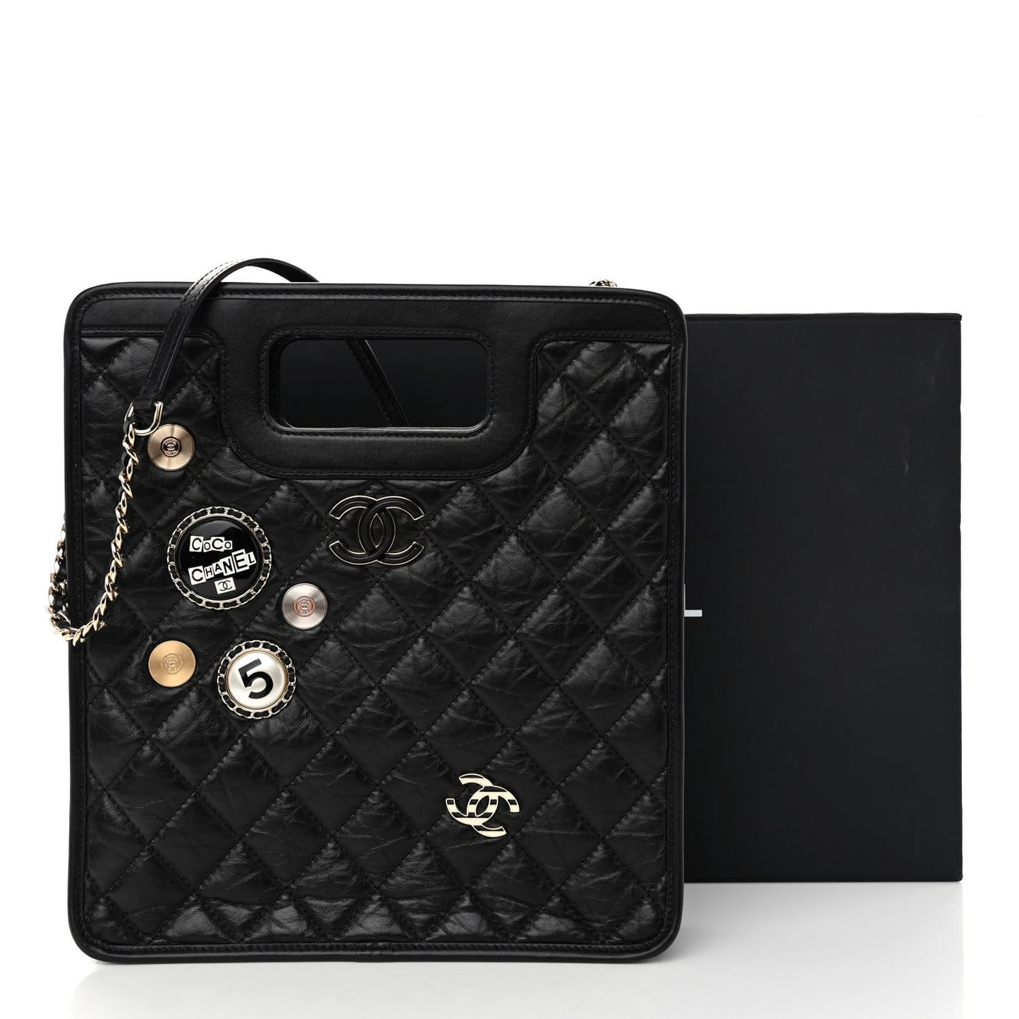 Aged Calfskin Small Charms Shopping Bag Black