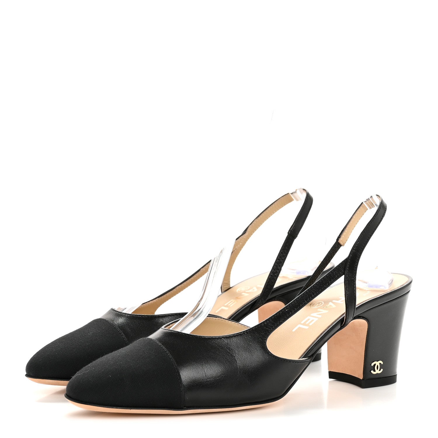 Chanel Goatskin Grosgrain Cap Toe CC Slingback Pumps 38 Black 4 of 10