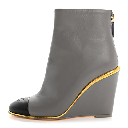 Chanel Lambskin Cap Toe Open Wedge Ankle Boots 36.5 Grey Black 1 of 12