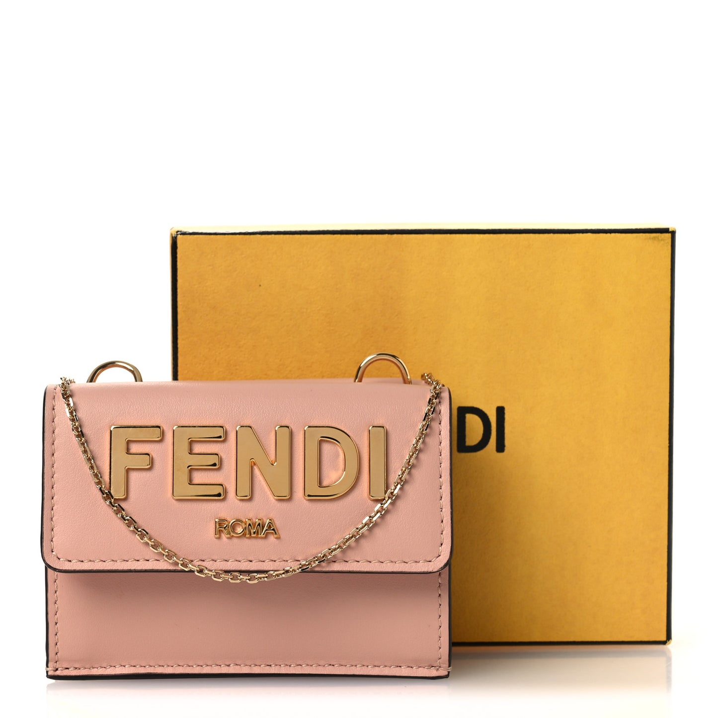 Vitello Kyoto Metal Fendi Roma Logo Micro Trifold Wallet with Chain Light Rose