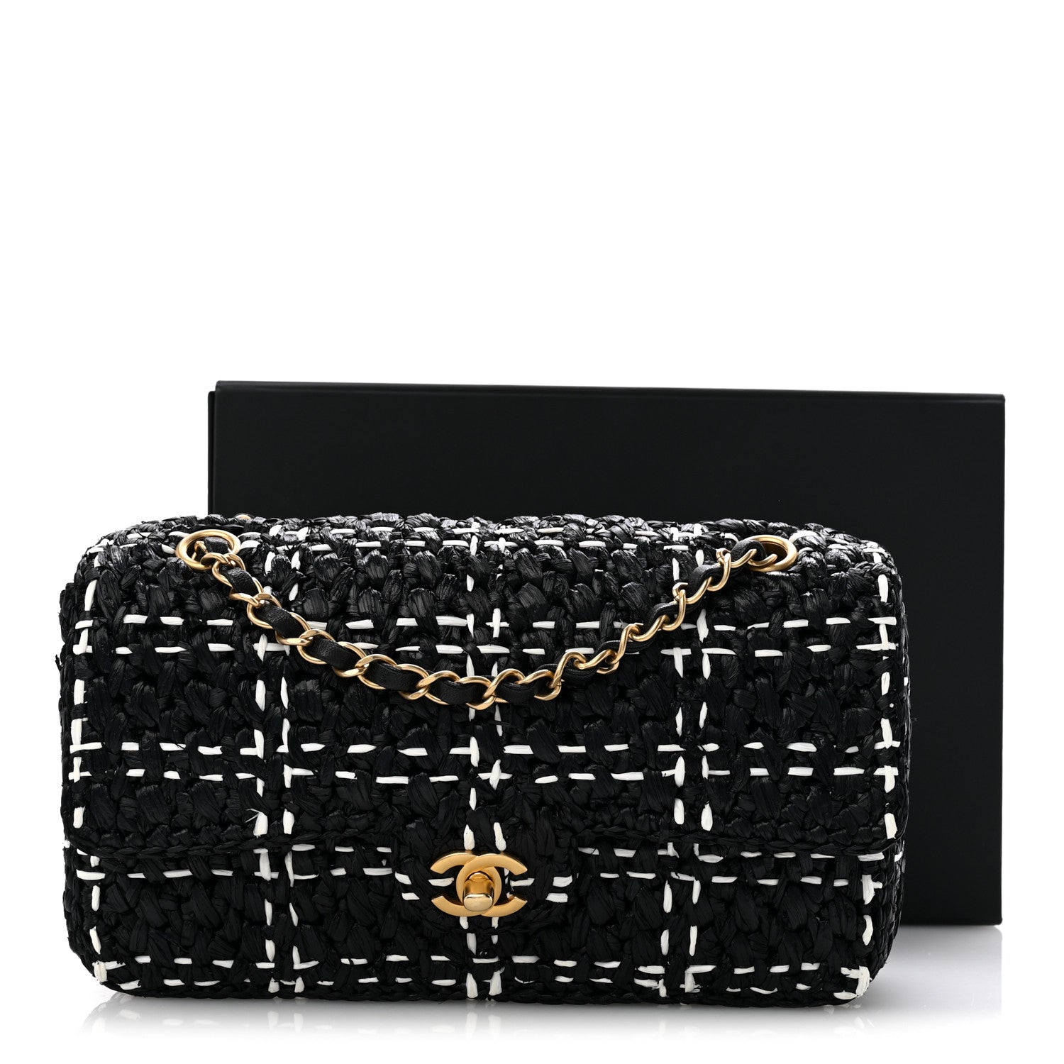 Chanel Raffia Effect Medium Tweedy Flap Bag Black White 12 of 12
