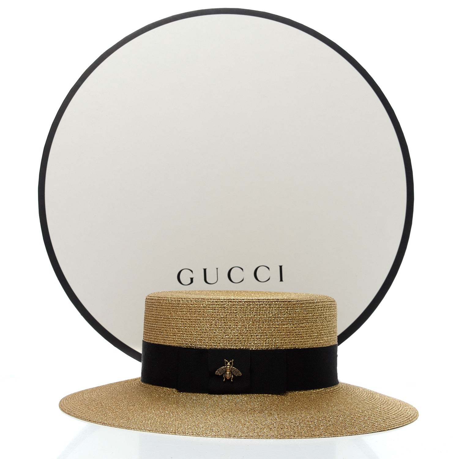 Gucci Glittered Straw Grosgrain Wide Brim Hat S Gold Black 6 of 6