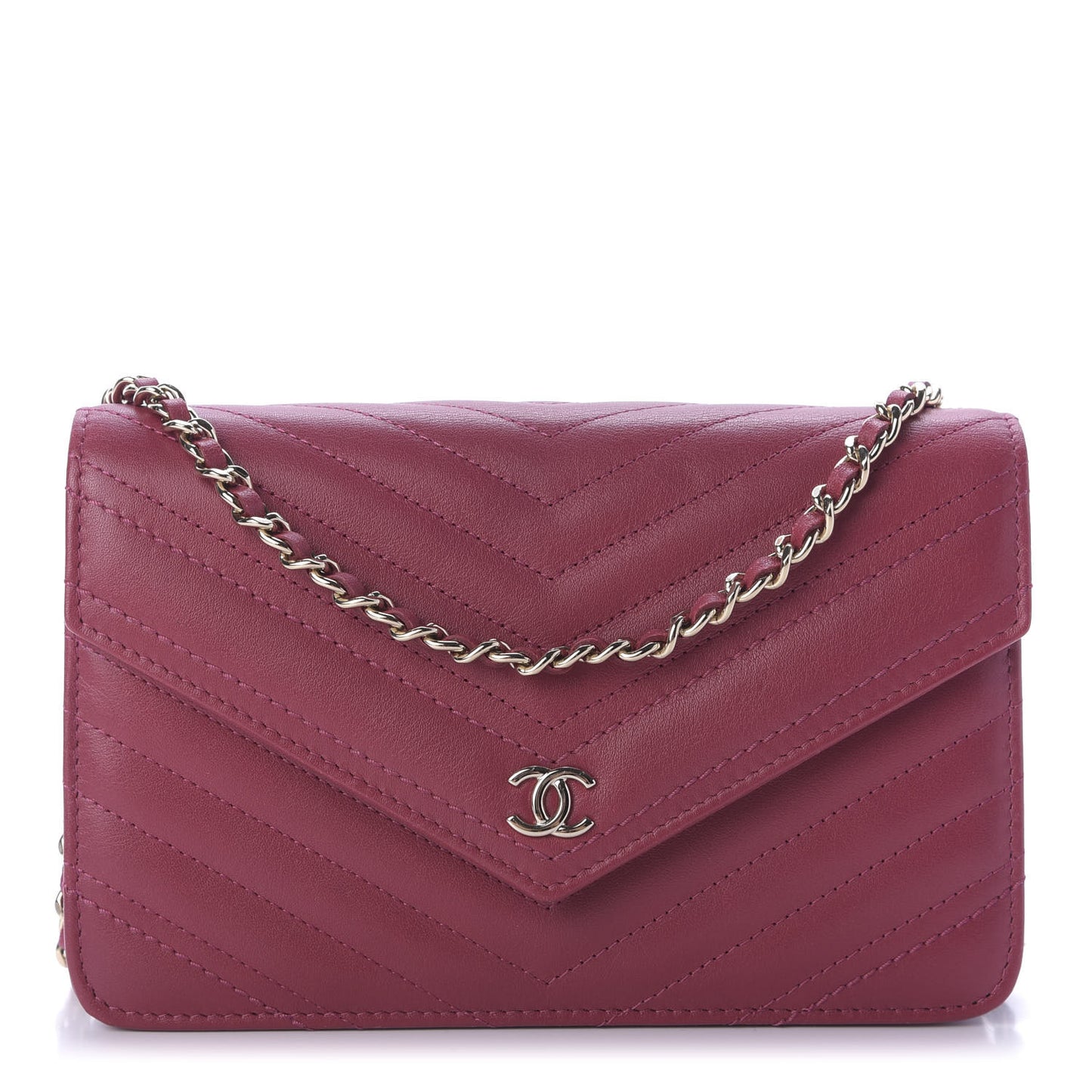 Goatskin Chevron Quilted Statement Wallet On Chain WOC Dark Pink