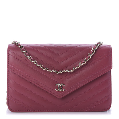 Chanel Goatskin Chevron Quilted Statement Wallet On Chain WOC Dark Pink 1 of 10