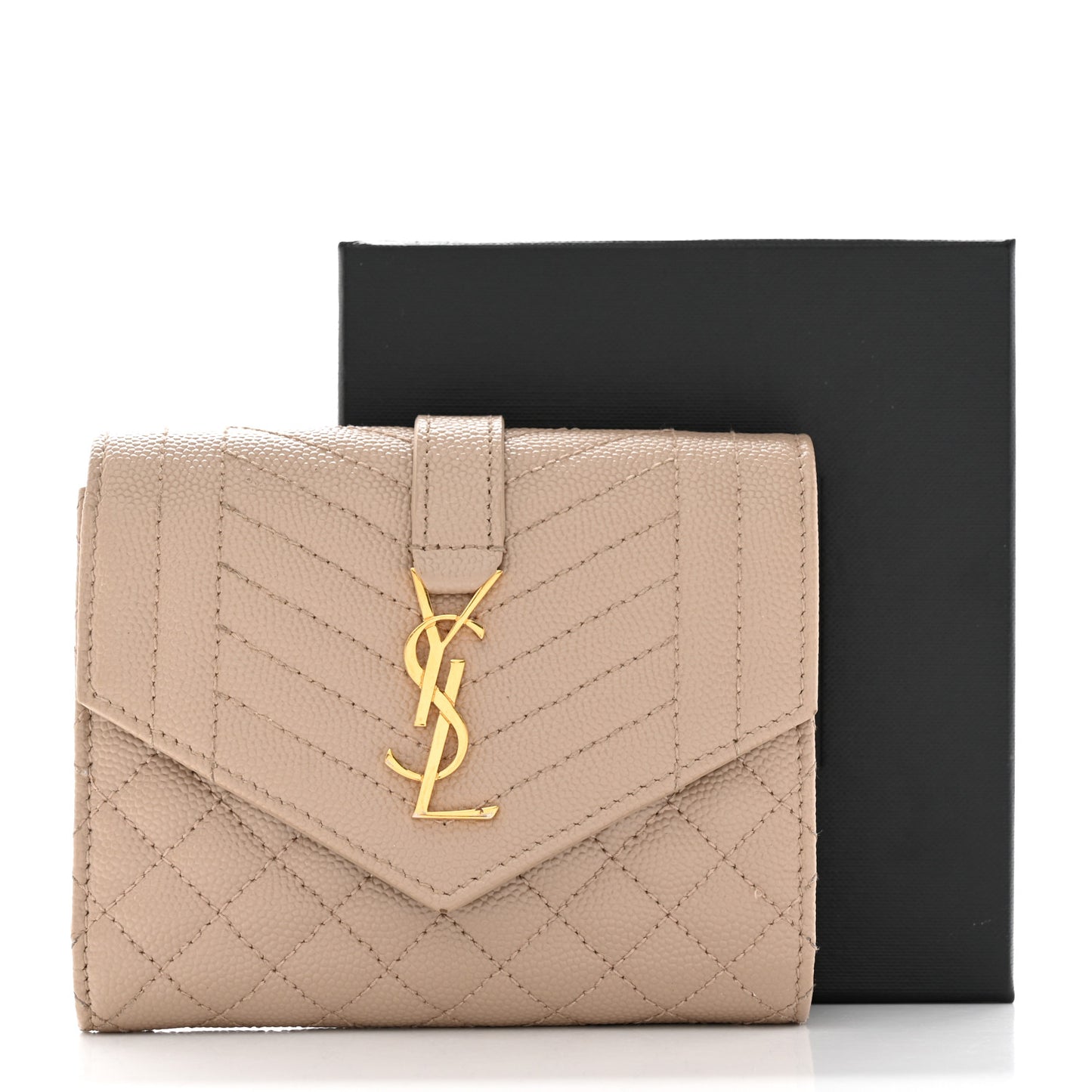 Grain De Poudre Mixed Matelasse Triquilt Monogram Compact Tri Fold Wallet Dark Beige