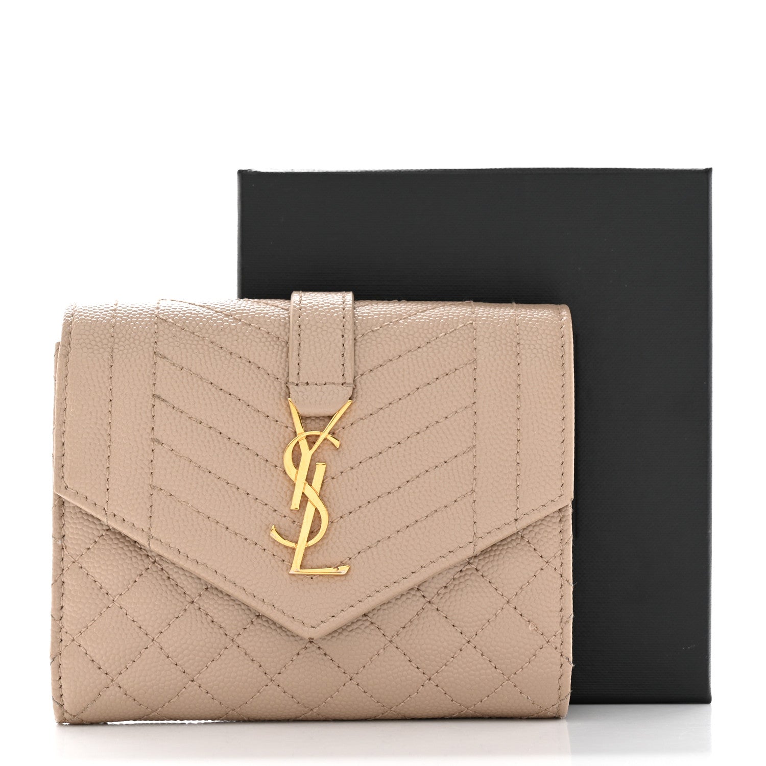 Saint Laurent Grain De Poudre Mixed Matelasse Triquilt Monogram Compact Tri Fold Wallet Dark Beige 11 of 11