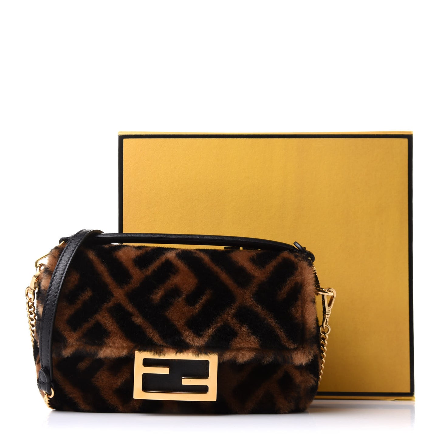 Shearling Vitello Dolce Macro FF 1974 Mini Baguette Tobacco Black