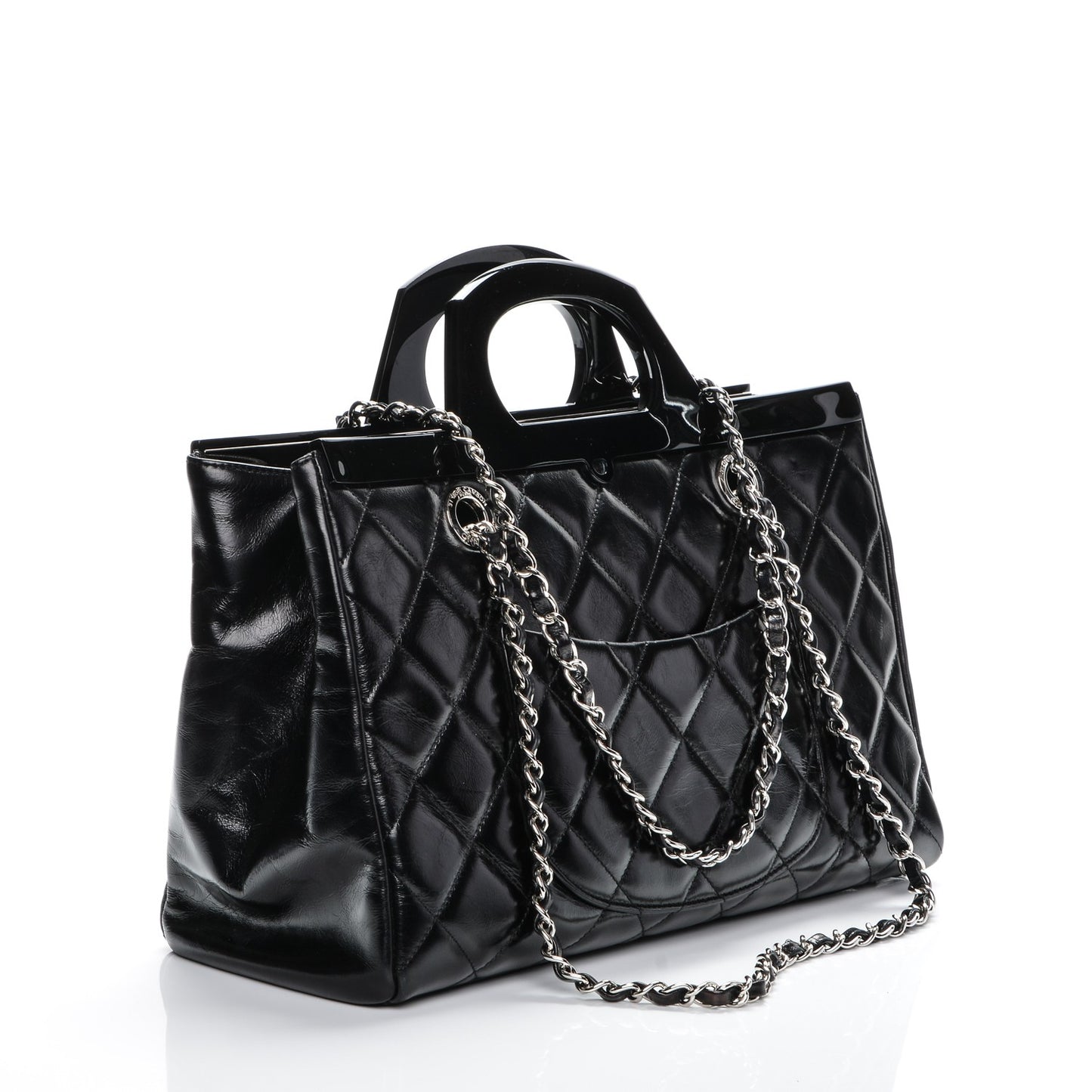Glazed Calfskin Quilted Small CC Delivery Tote Black