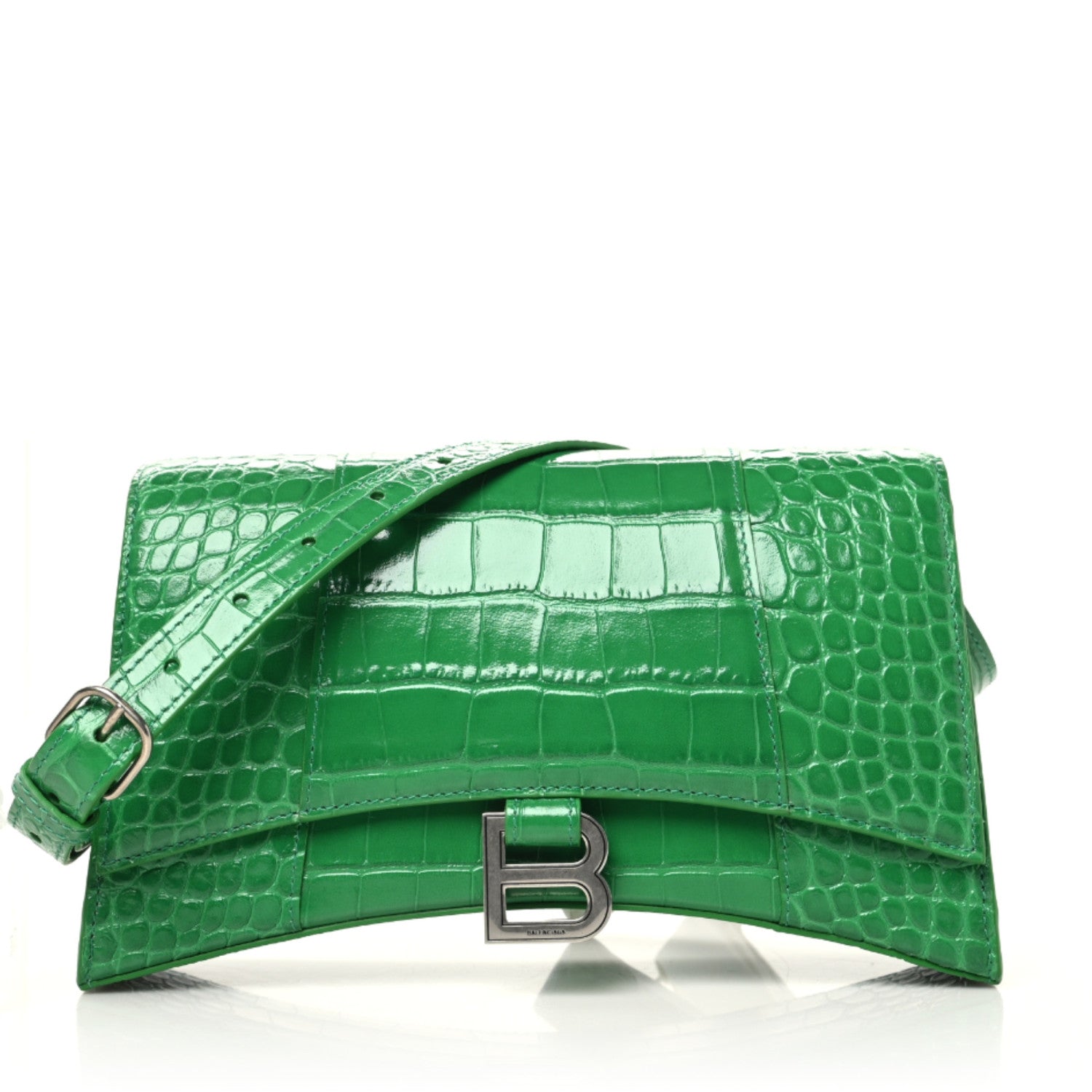 Balenciaga Shiny Calfskin Crocodile Embossed Small Hourglass Sling Shoulder Bag Leaf Green 1 of 10