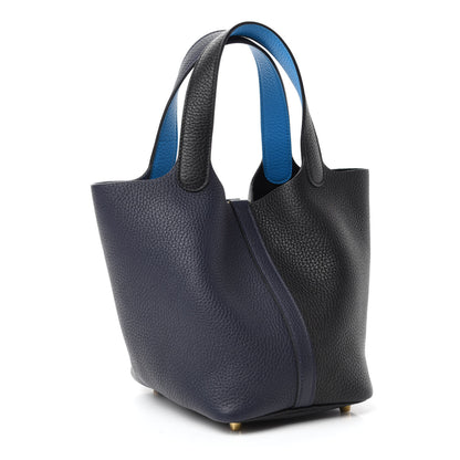 Hermes Taurillon Clemence Casaque Picotin Lock 18 PM Blue Nuit Black Blue Frida 3 of 10