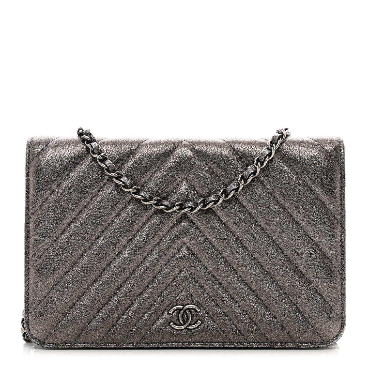 Chanel Metallic Lambskin Chevron Quilted Wallet On Chain WOC Grey 1 of 13