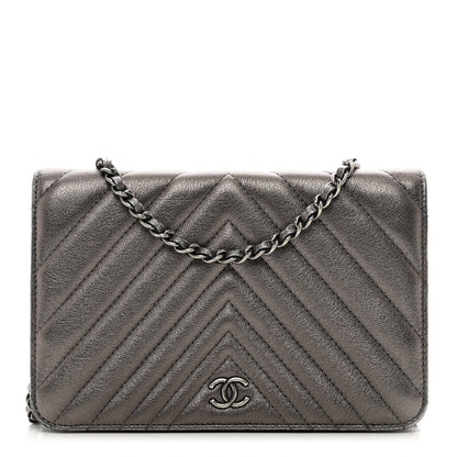 Chanel Metallic Lambskin Chevron Quilted Wallet On Chain WOC Grey 1 of 13