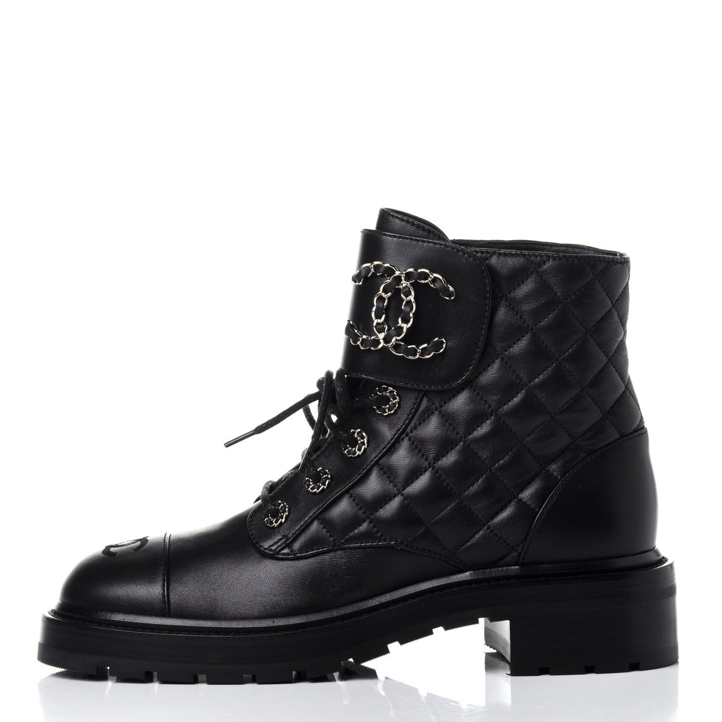 Shiny Lambskin Quilted Lace Up Combat Boots 39.5 Black
