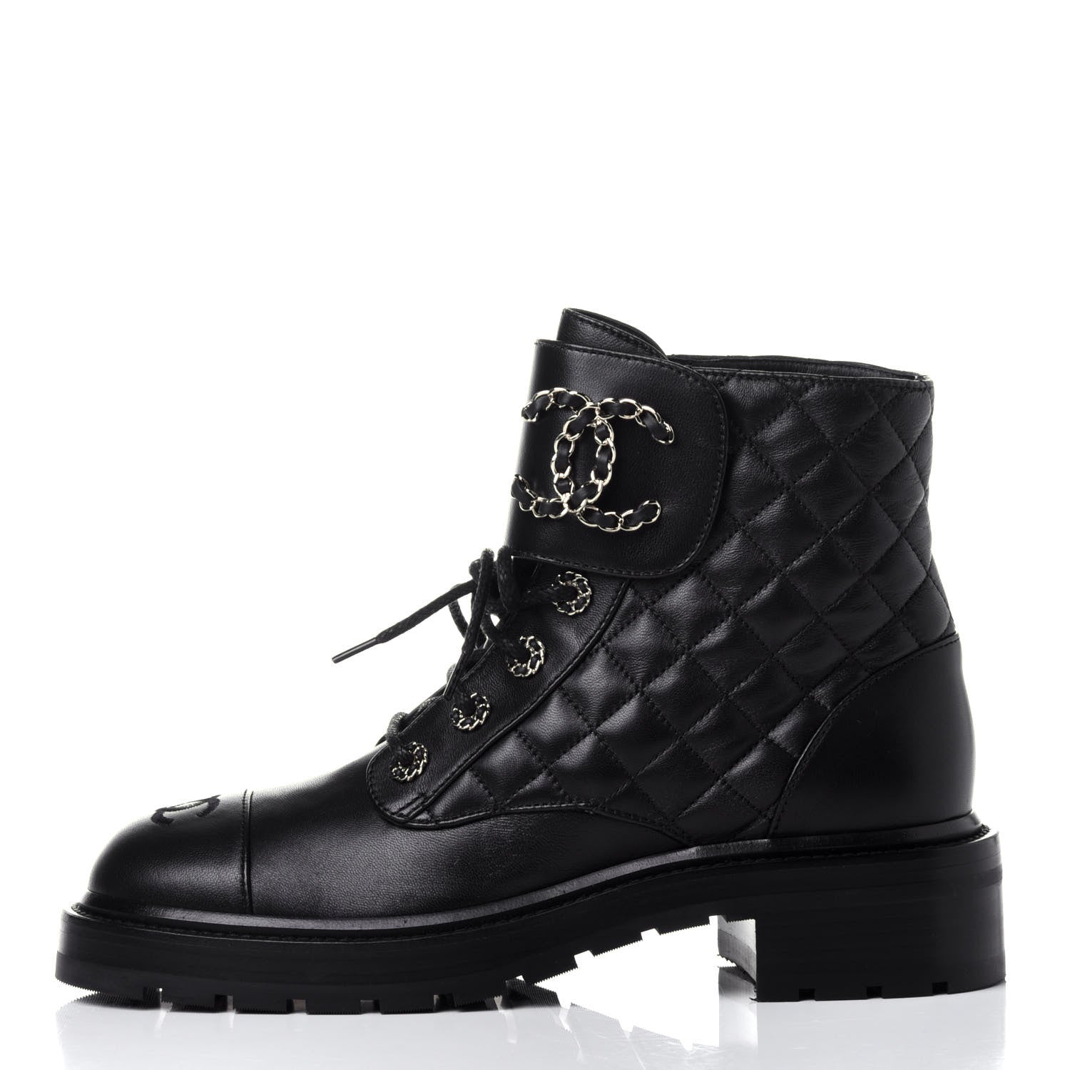 Chanel Shiny Lambskin Quilted Lace Up Combat Boots 39.5 Black 1 of 12