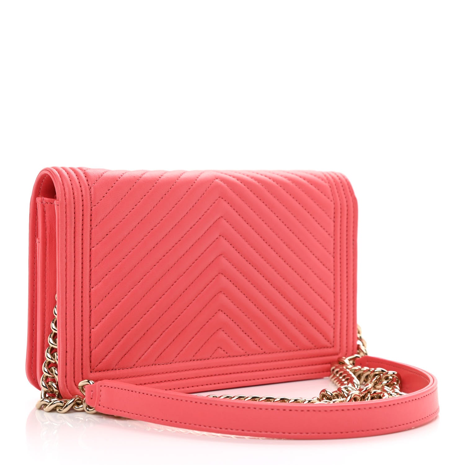 Chanel Lambskin Chevron Quilted Boy Wallet On Chain WOC Coral 3 of 12
