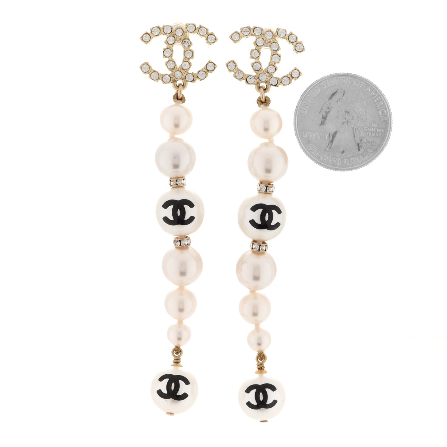 Pearl Crystal Coco's Pearls CC Long Drop Earrings Pearly White Gold Black