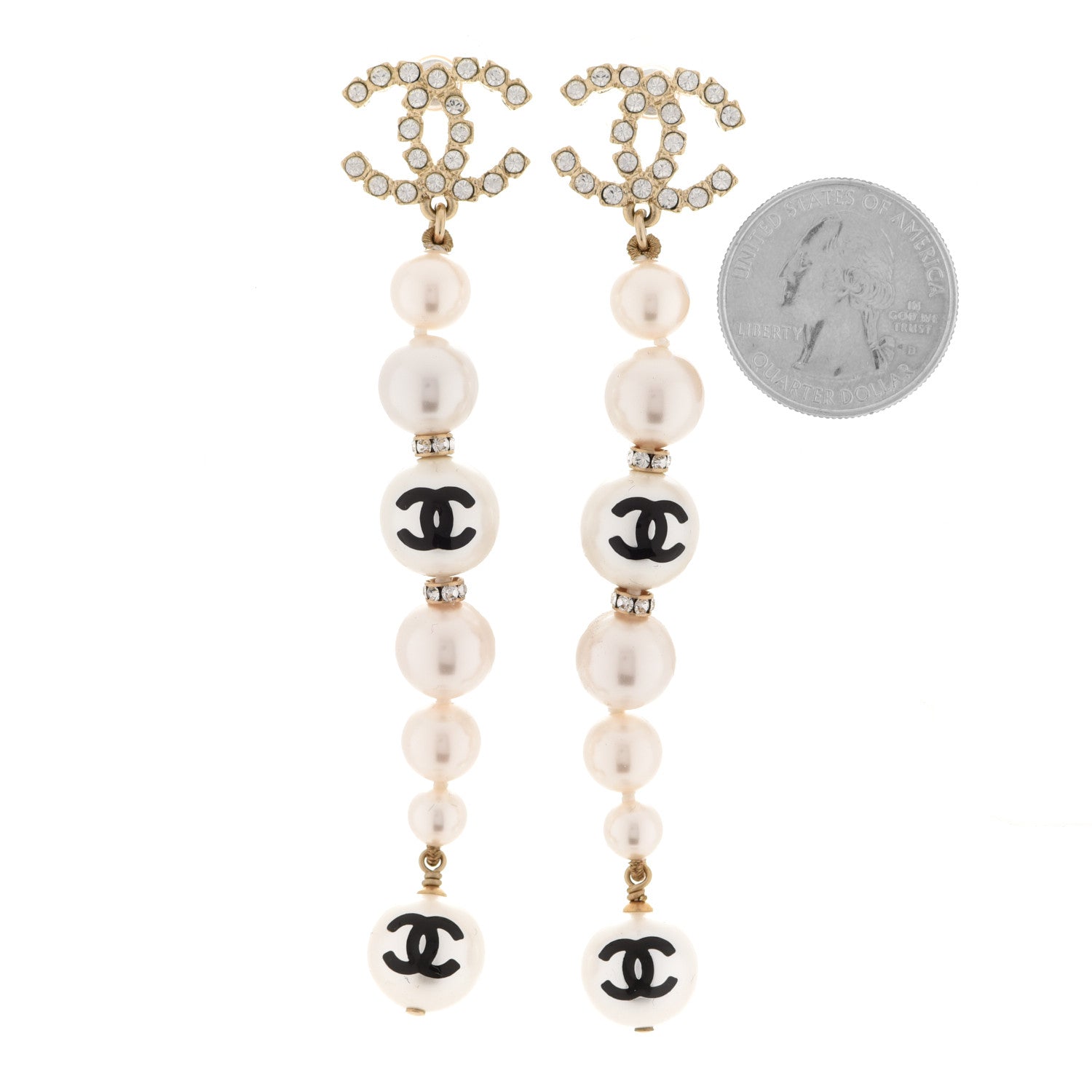 Chanel Pearl Crystal Coco's Pearls CC Long Drop Earrings Pearly White Gold Black 2 of 4