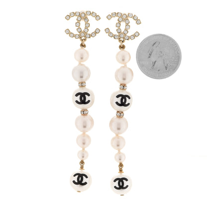 Chanel Pearl Crystal Coco's Pearls CC Long Drop Earrings Pearly White Gold Black 2 of 4