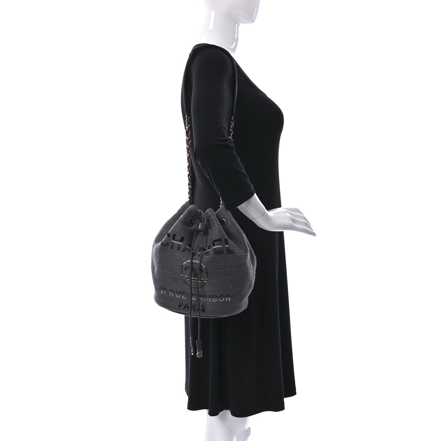 Chanel Striped Canvas Deauville Drawstring Bag Grey 2 of 14