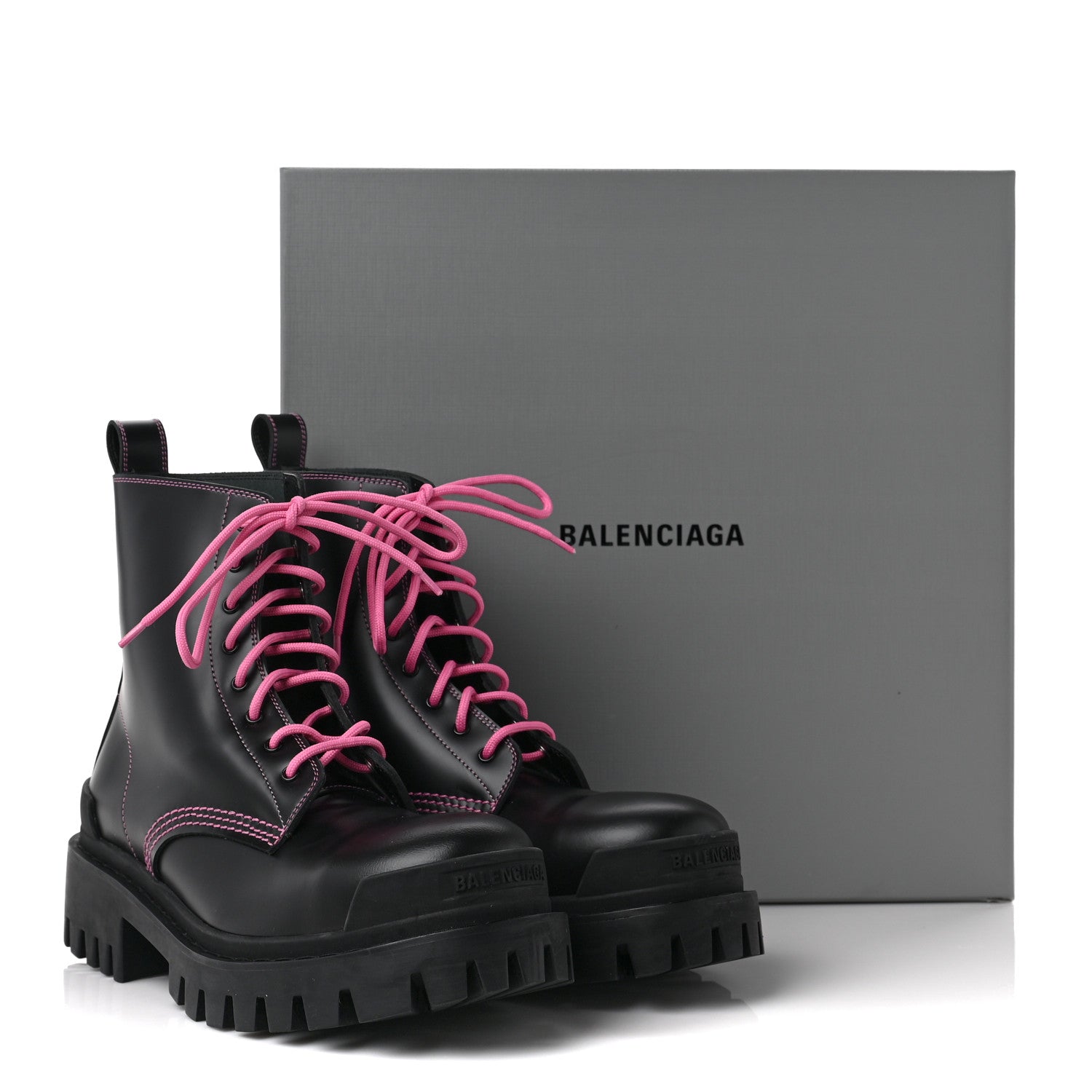 Balenciaga Calfskin Womens Strike 20mm Lace Up Boots 39 Black Fluo Pink 9 of 9