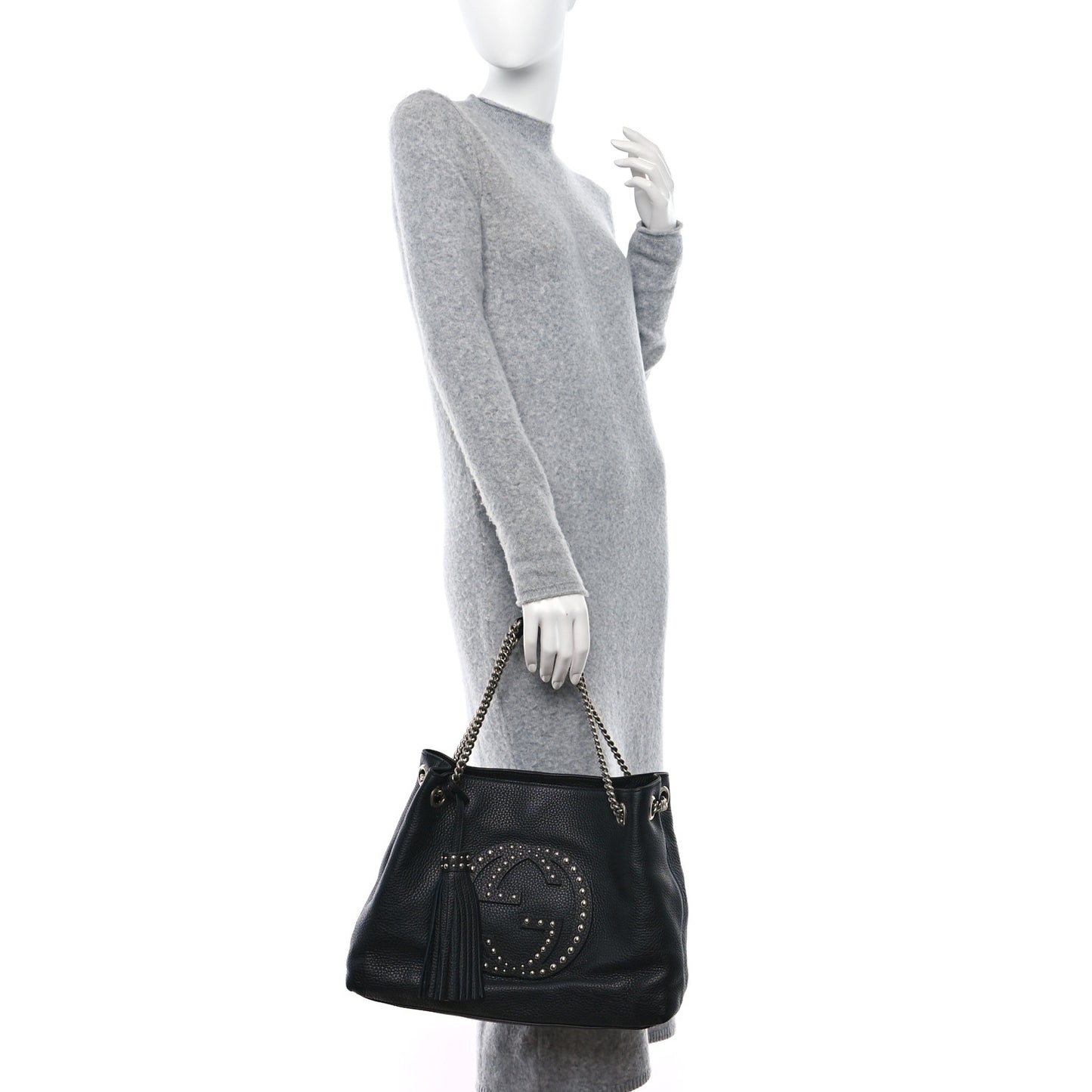 Pebbled Calfskin Studded Medium Soho Chain Shoulder Bag Black